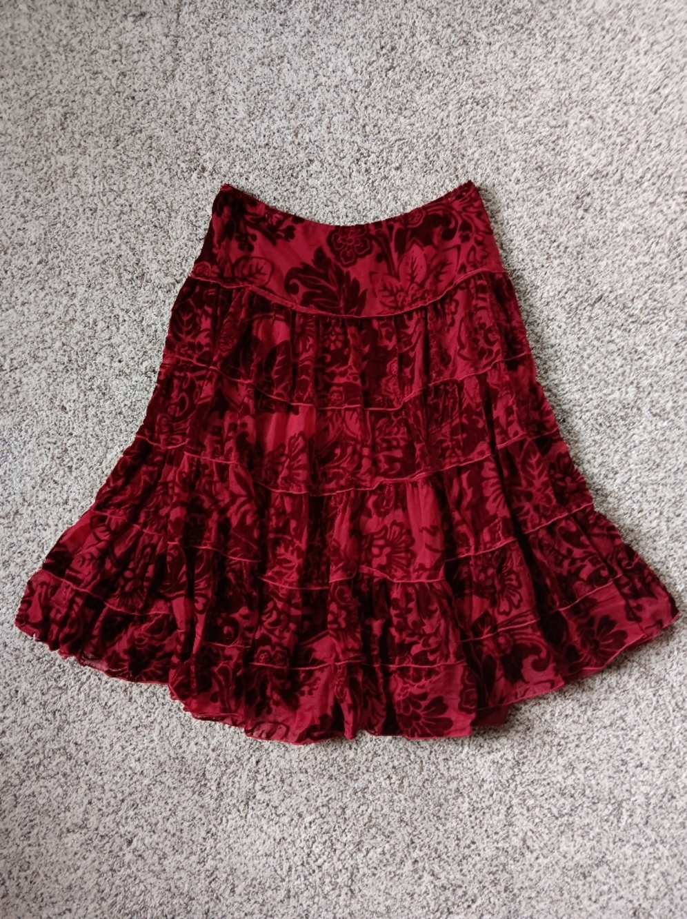 VTG Velvet Red Tiered Ruffle Floral Midi Skirt 6 Small Y2k 90s
